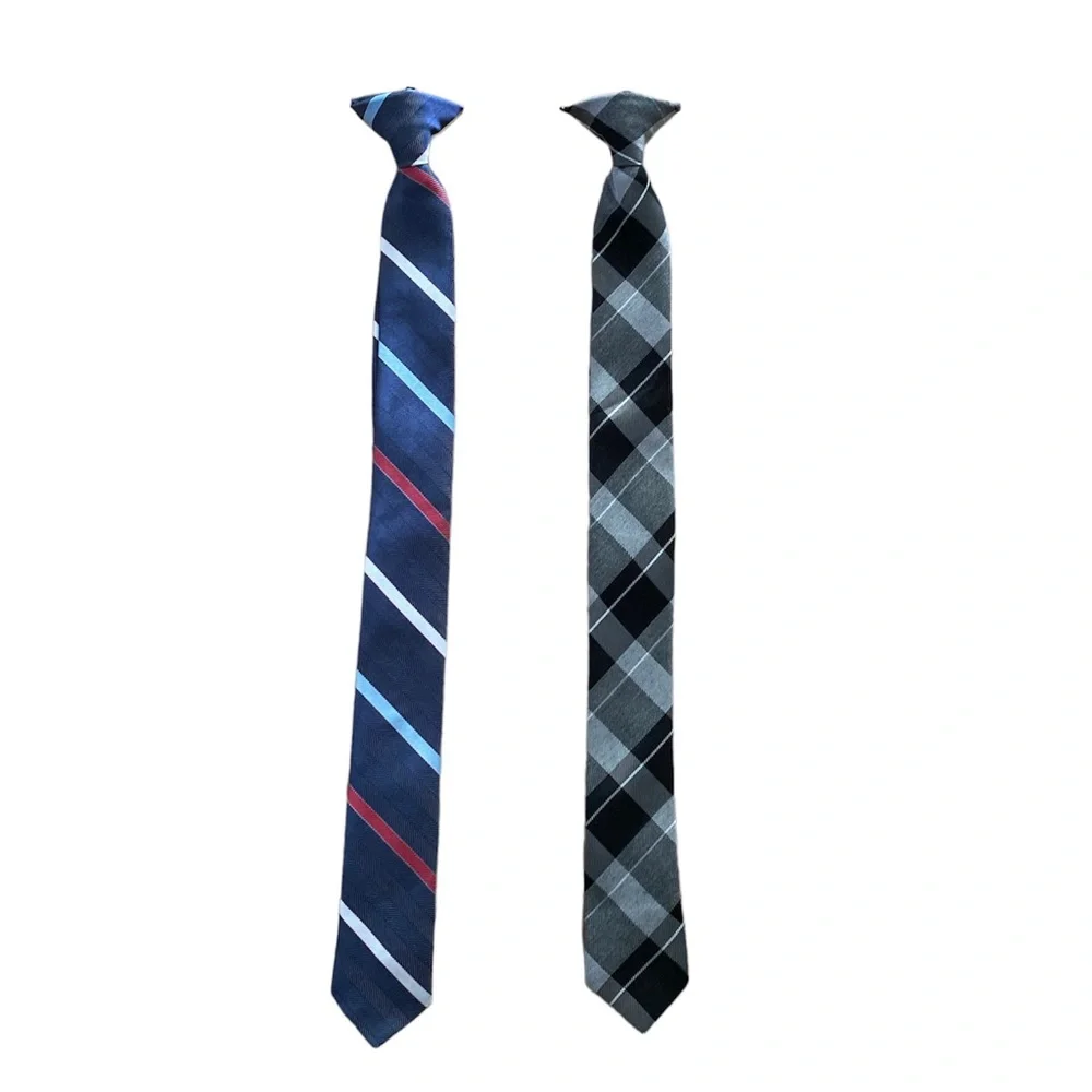 Set of 2 Boys Clip On Ties for Formal Events—Striped & Plaid New Without Tags